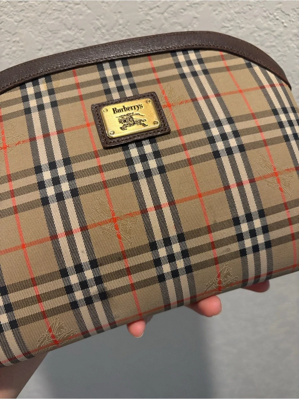 Burberry Vintage Tan Plaid Toiletry Pouch with Brown Trim